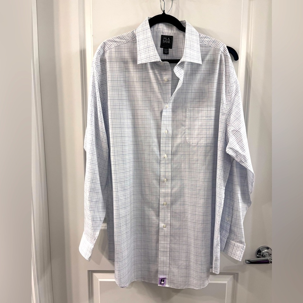 Jos. a Banks dress shirt 18.5-36 white with small blue checkered stripes